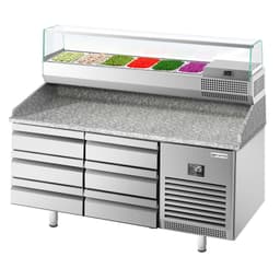 Pizza preparation table Premium PLUS - 1490x700mm - with 6 drawers - incl. refrigerated display case - 6x GN 1/4