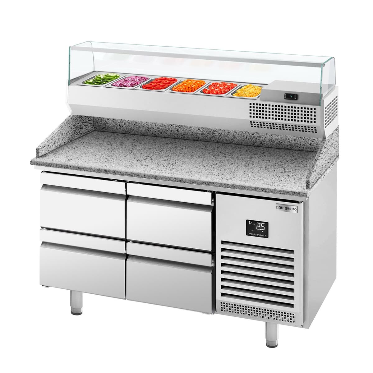 Pizza preparation table Premium PLUS - 1490x700mm - with 4 drawers - incl. refrigerated display case - 6x GN 1/4