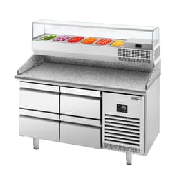 Pizza preparation table Premium PLUS - 1490x700mm - with 4 drawers - incl. refrigerated display case - 6x GN 1/4