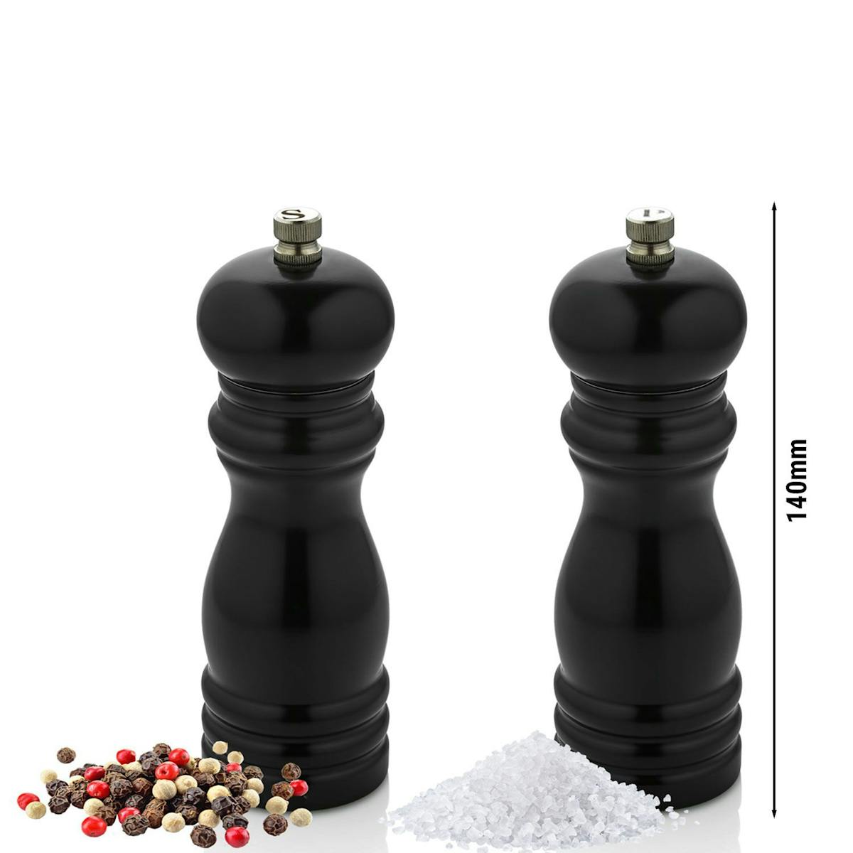 (2 Kusy) Dřevěné mlýnky na sůl a pepř - výška: 14 cm