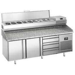 Pizza preparation table Premium PLUS- 1980x700mm - with 2 doors & 3 drawers - incl. refrigerated display case - 9x GN 1/4