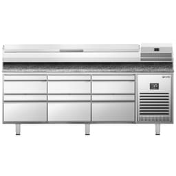 Pizza preparation table Premium PLUS- 1980x700mm - with 6 drawers - incl. refrigerated display case - 9x GN 1/4