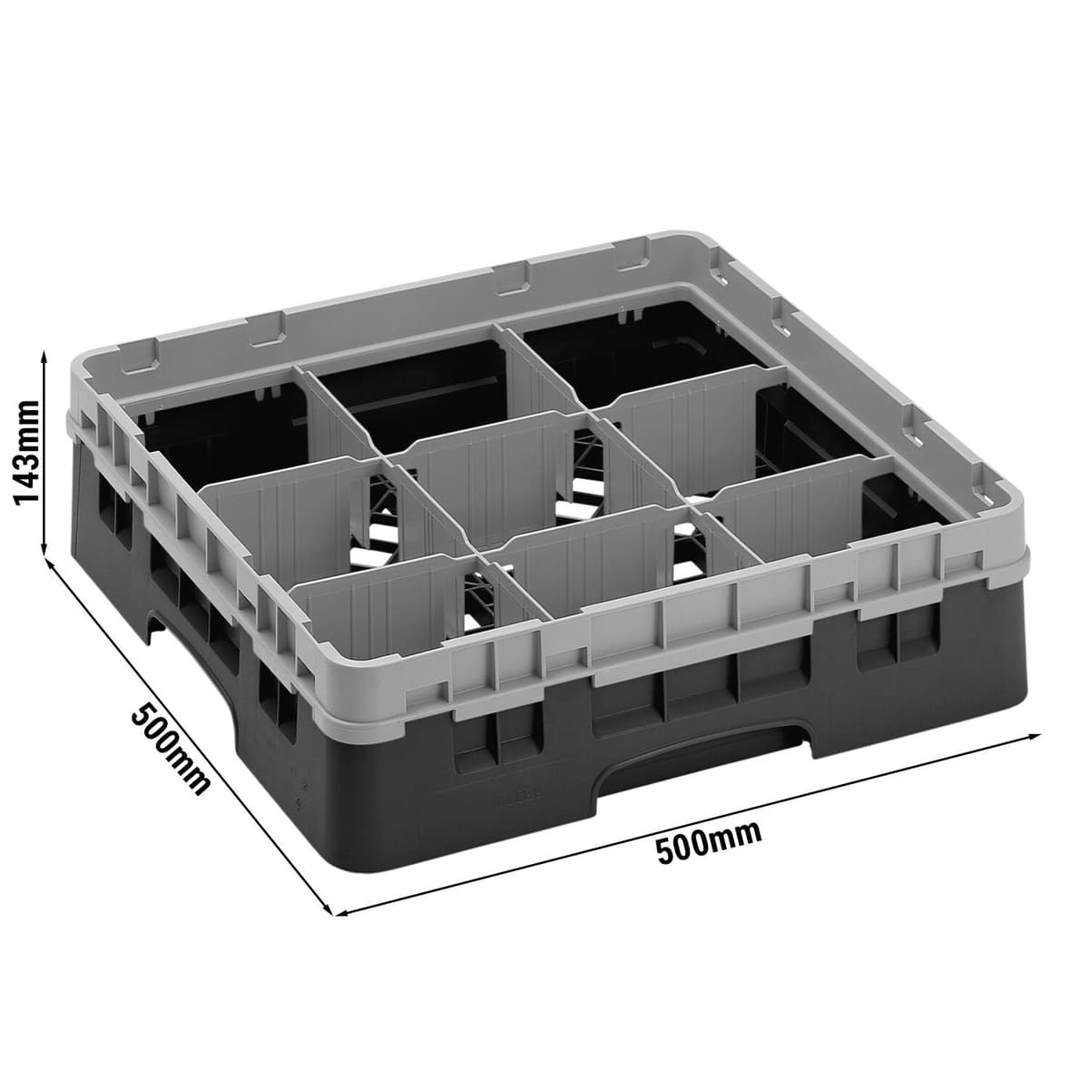 CAMBRO | CAMRACK® - Koš na sklo 1/1 s 1 nástavcem - 500x500mm - 9 přihrádek - černý