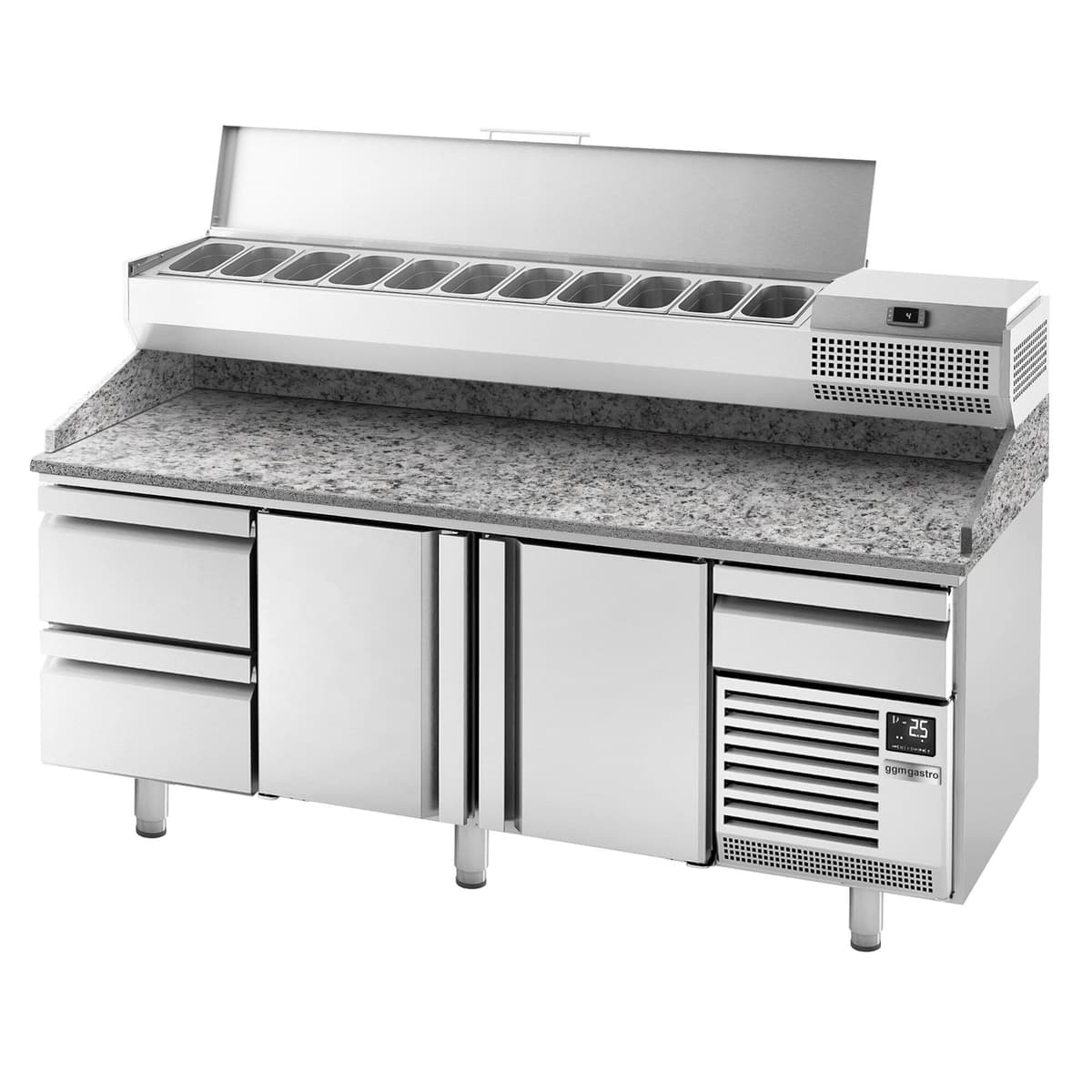 Pizza preparation table Premium PLUS- 2305x800mm - with 2 doors & 2 drawers- incl. refrigerated display case - 11x GN 1/4