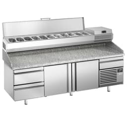 Pizza preparation table Premium PLUS- 2305x800mm - with 2 doors & 2 drawers- incl. refrigerated display case - 11x GN 1/4