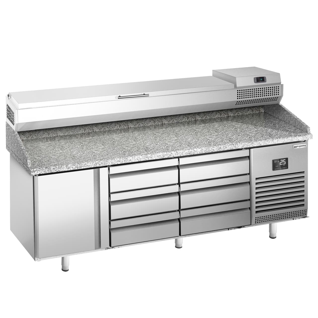 Pizza preparation table Premium PLUS- 1980x700mm - with 1 door & 6 drawers - incl. refrigerated display case - 9x GN 1/4