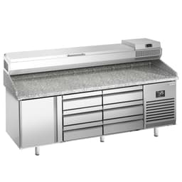 Pizza preparation table Premium PLUS- 1980x700mm - with 1 door & 6 drawers - incl. refrigerated display case - 9x GN 1/4