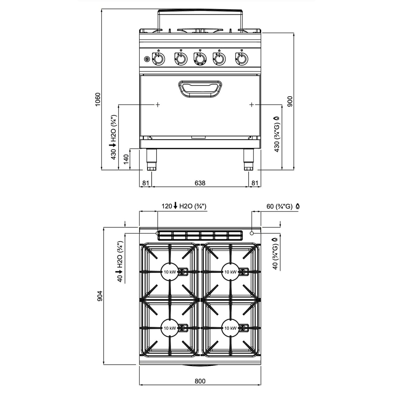 Plynový sporák - se 4 hořáky - 40 kW - vč. plynové trouby - 7,8 kW - vysoce výkonný model