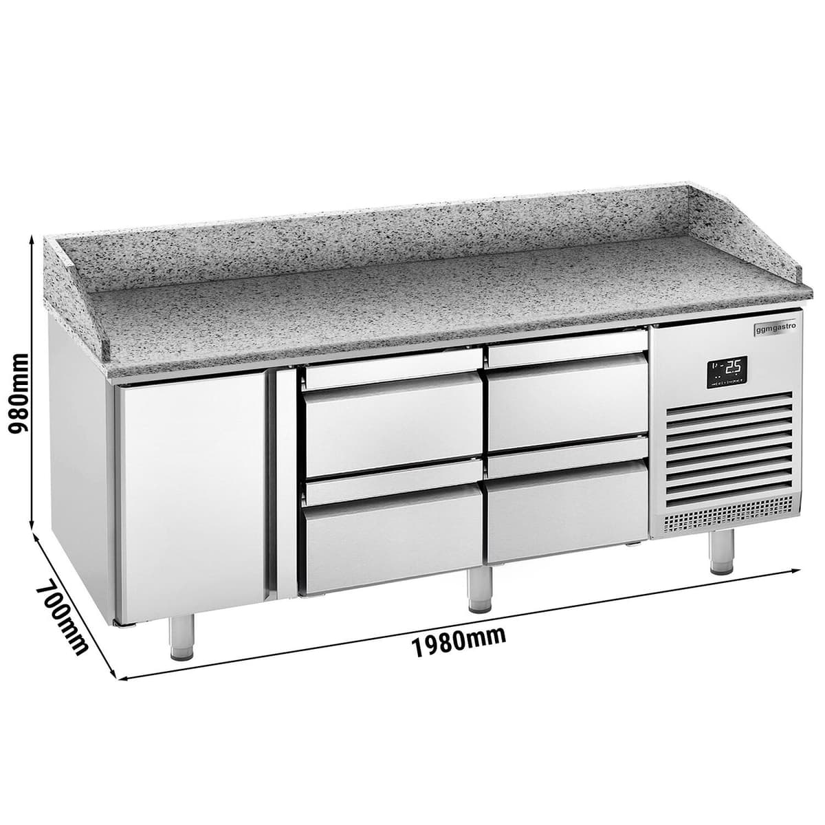 Pizza preparation table  Premium PLUS- 1980x700mm - with 1 door & 4 drawers