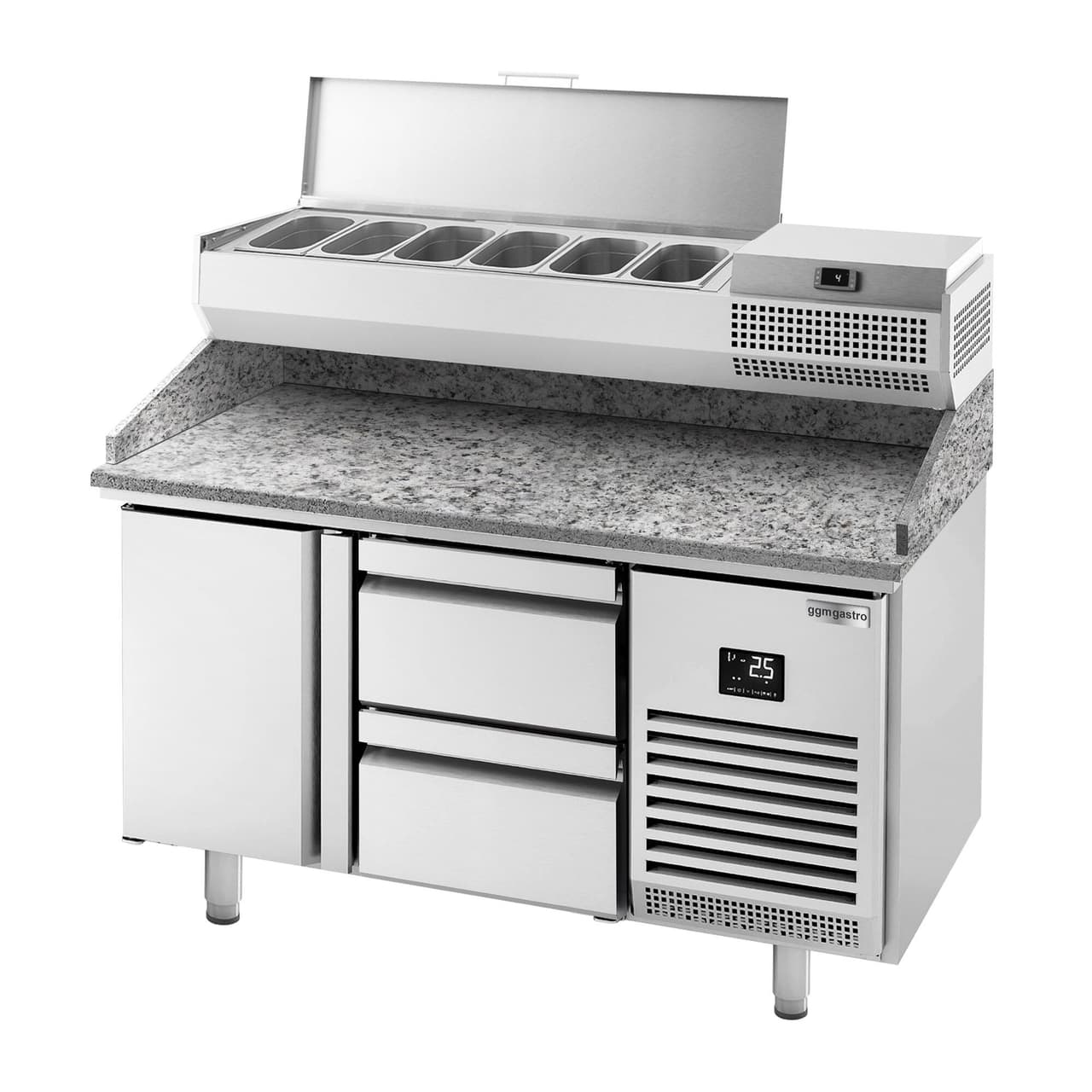 Pizza preparation table Premium PLUS - 1490x700mm - with 1 door & 2 drawers - incl. refrigerated display case - 6x GN 1/4