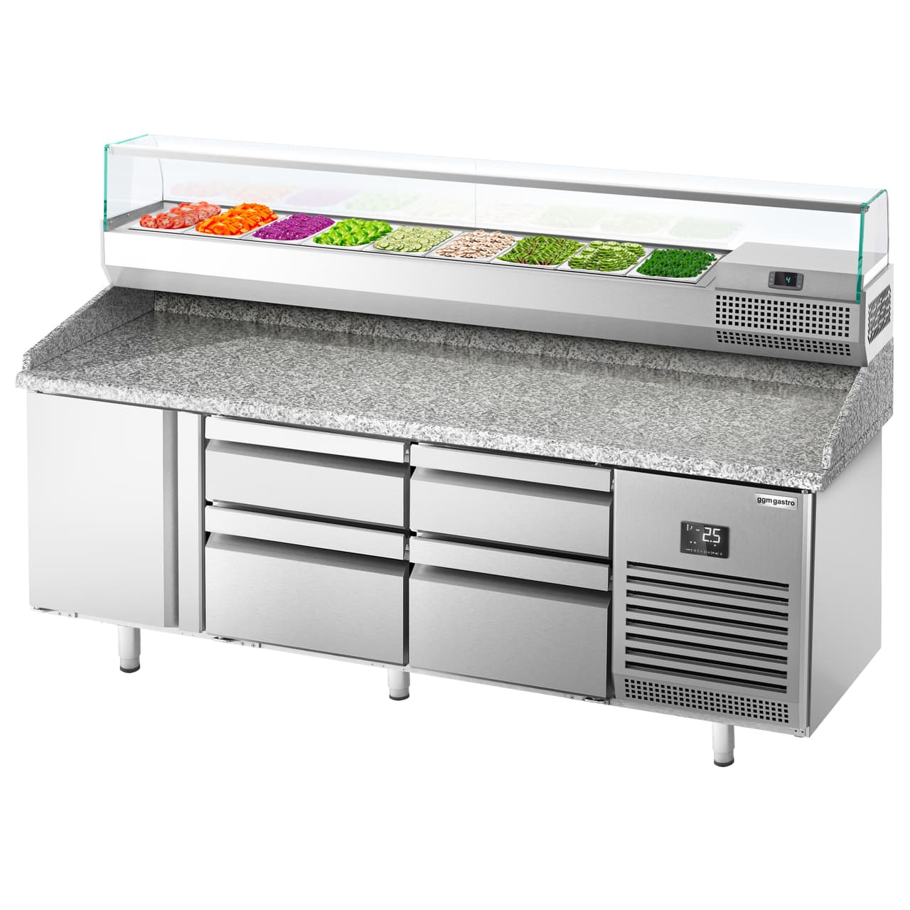 Pizza preparation table Premium PLUS - 1980x700mm - with 1 door & 4 drawers - incl. refrigerated display case - 9x GN 1/4