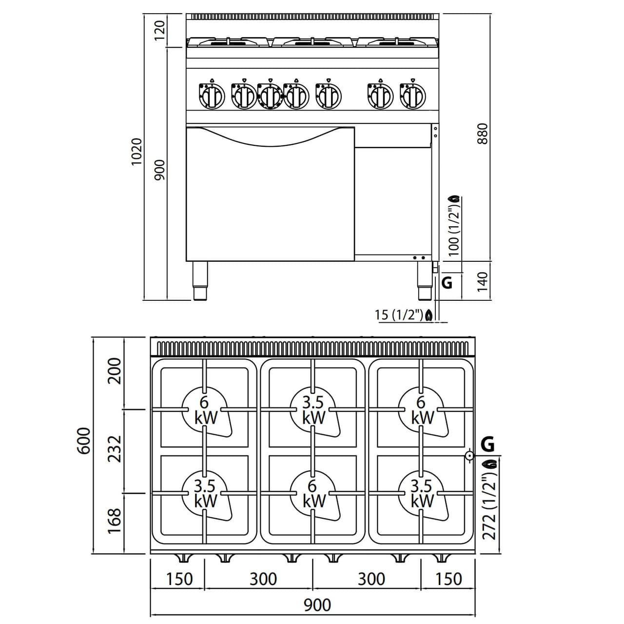 Plynový sporák 6 hořáků (28,5 kW) + plynová trouba (3,5 kW)