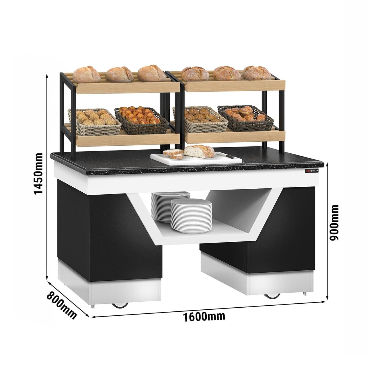 Brotregal BELFAST - 1600mm - mit Rollen - schwarze Granit-Arbeitsplatte