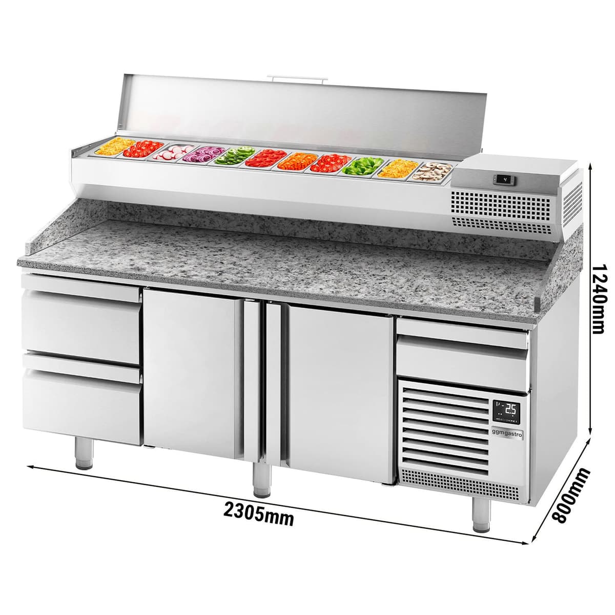 Pizza preparation table Premium PLUS- 2305x800mm - with 2 doors & 2 drawers- incl. refrigerated display case - 11x GN 1/4