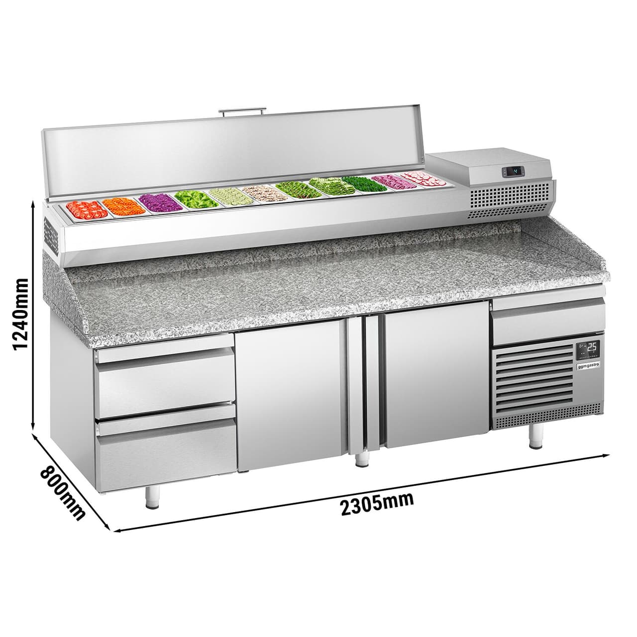 Pizza preparation table Premium PLUS- 2305x800mm - with 2 doors & 2 drawers- incl. refrigerated display case - 11x GN 1/4