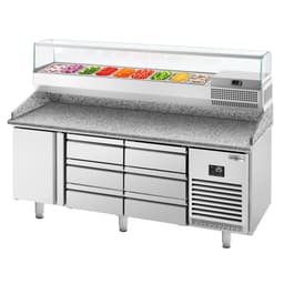 Pizza preparation table Premium PLUS- 1980x700mm - with 1 door & 6 drawers - incl. refrigerated display case - 9x GN 1/4