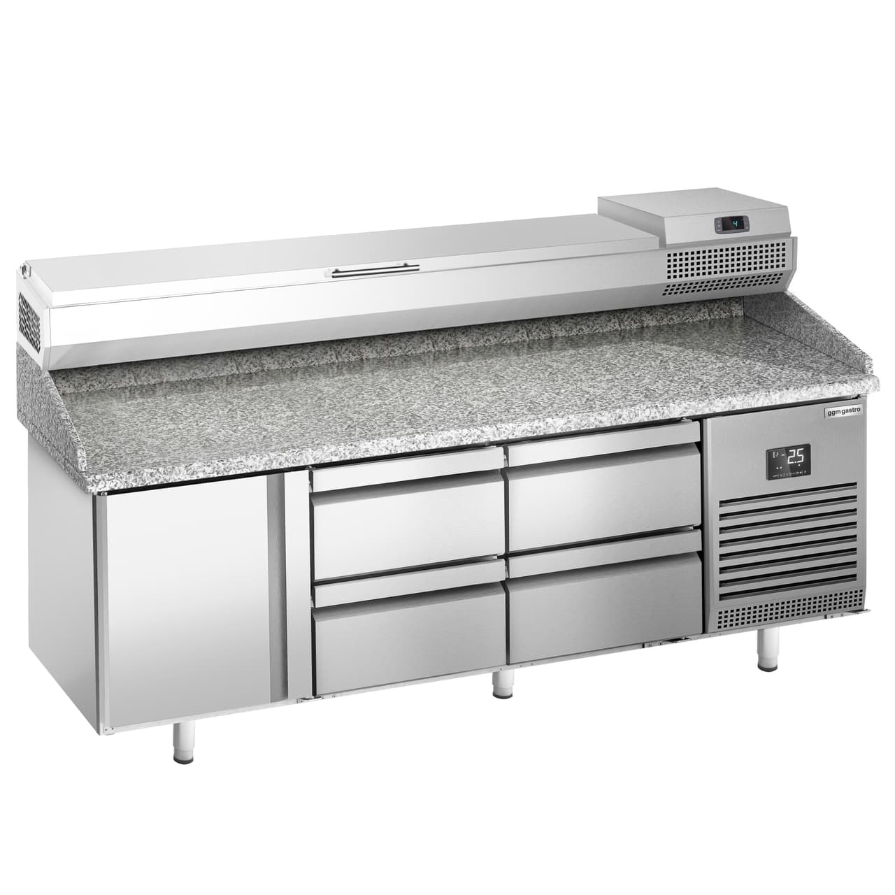 Pizza preparation table Premium PLUS- 1980x700mm - with 1 door & 4 drawers - incl. refrigerated display case - 9x GN 1/4