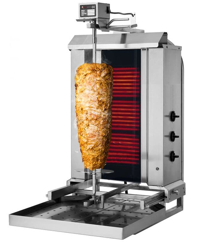 Gril na gyros/kebab - 3 hořáky (pohyblivé) - max. 40 kg - vč. křídlových dvířek