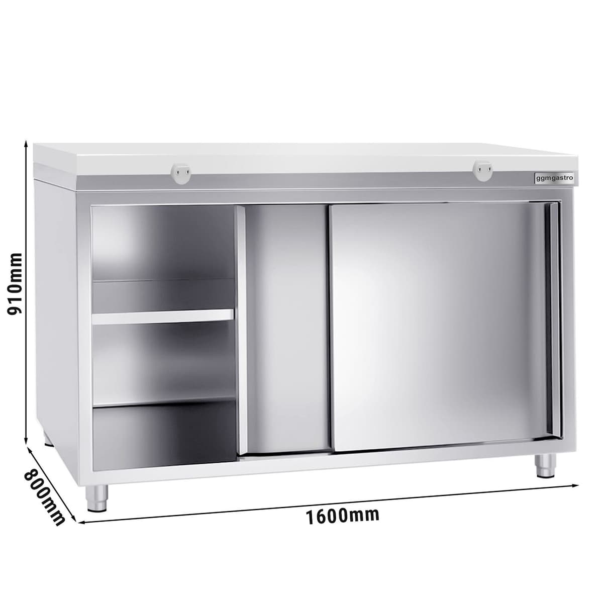 Stainless steel work cabinet PREMIUM - 1600x800mm - with sliding door without backsplash incl. cutting plate