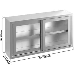 Stainless steel wall cabinet - 1800x400mm - with sliding glass door - 800mm high