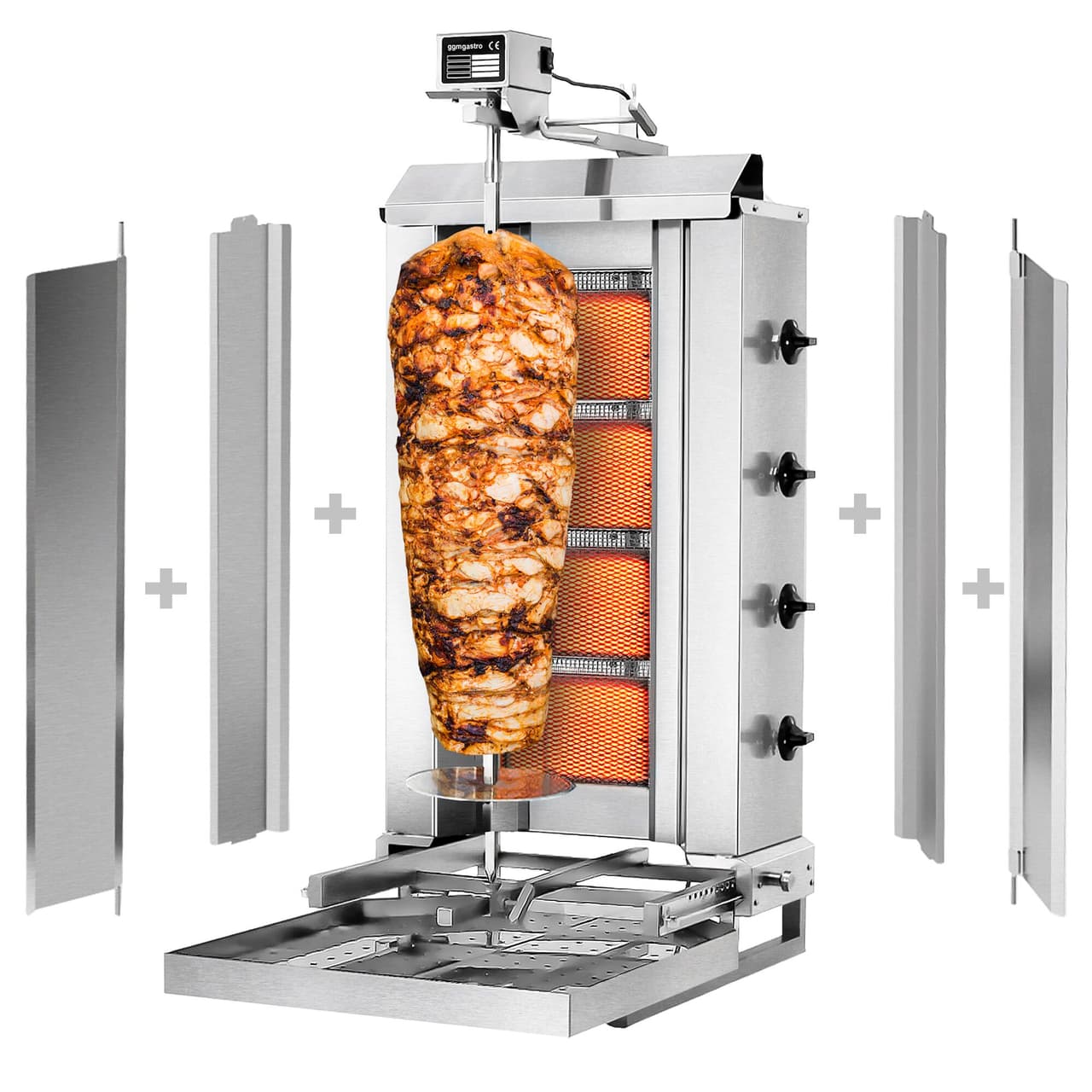 Gril na gyros/kebab - 4 hořáky (pohyblivé) - max. 60 kg - vč. ochranného plechu a křídlových dvířek