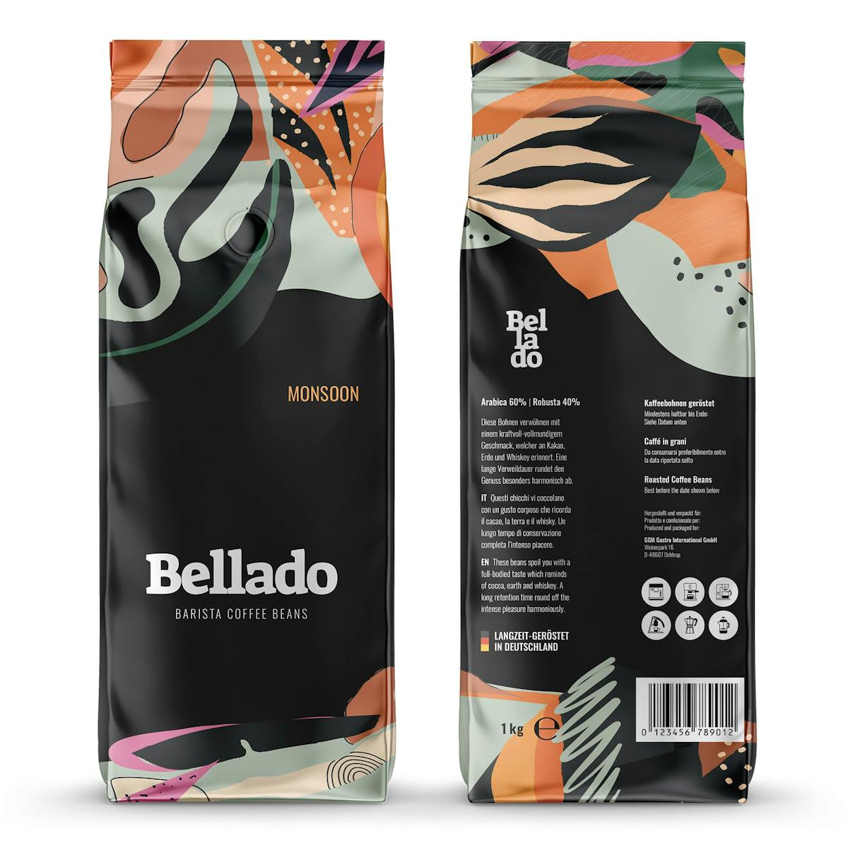 BELLADO | Zrnková káva "Monsoon" - 6x 1kg - 60% Arabica a 40% Robusta