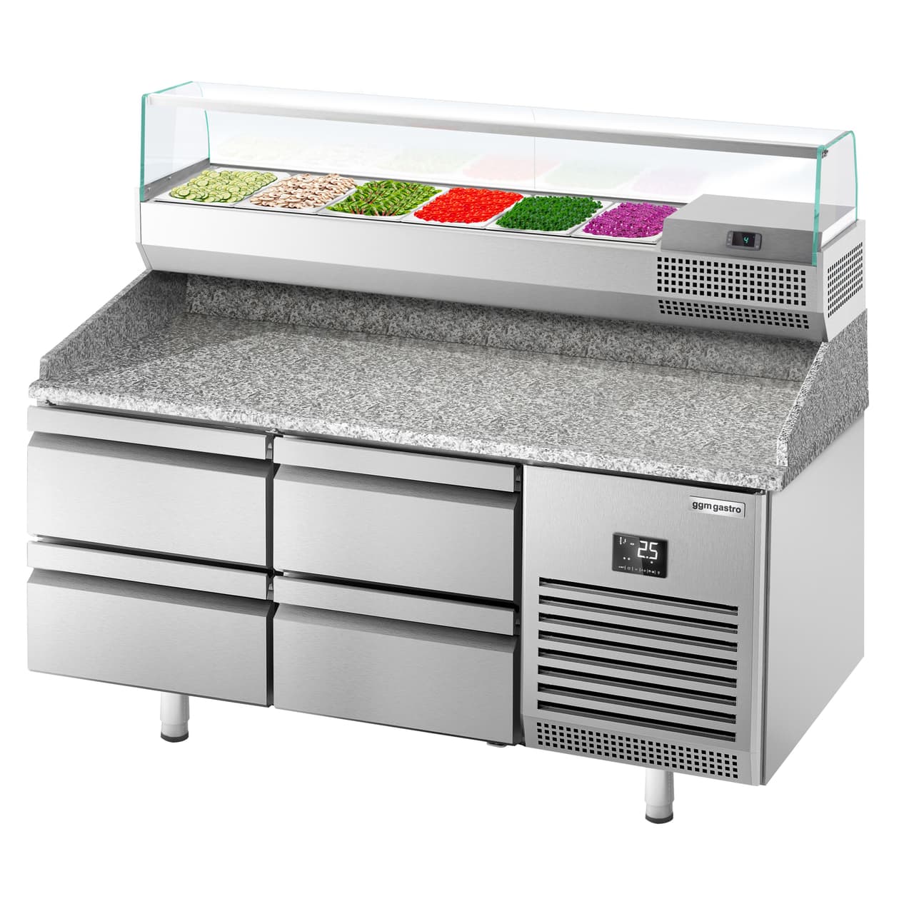 Pizza preparation table Premium PLUS - 1490x700mm - with 4 drawers - incl. refrigerated display case - 6x GN 1/4