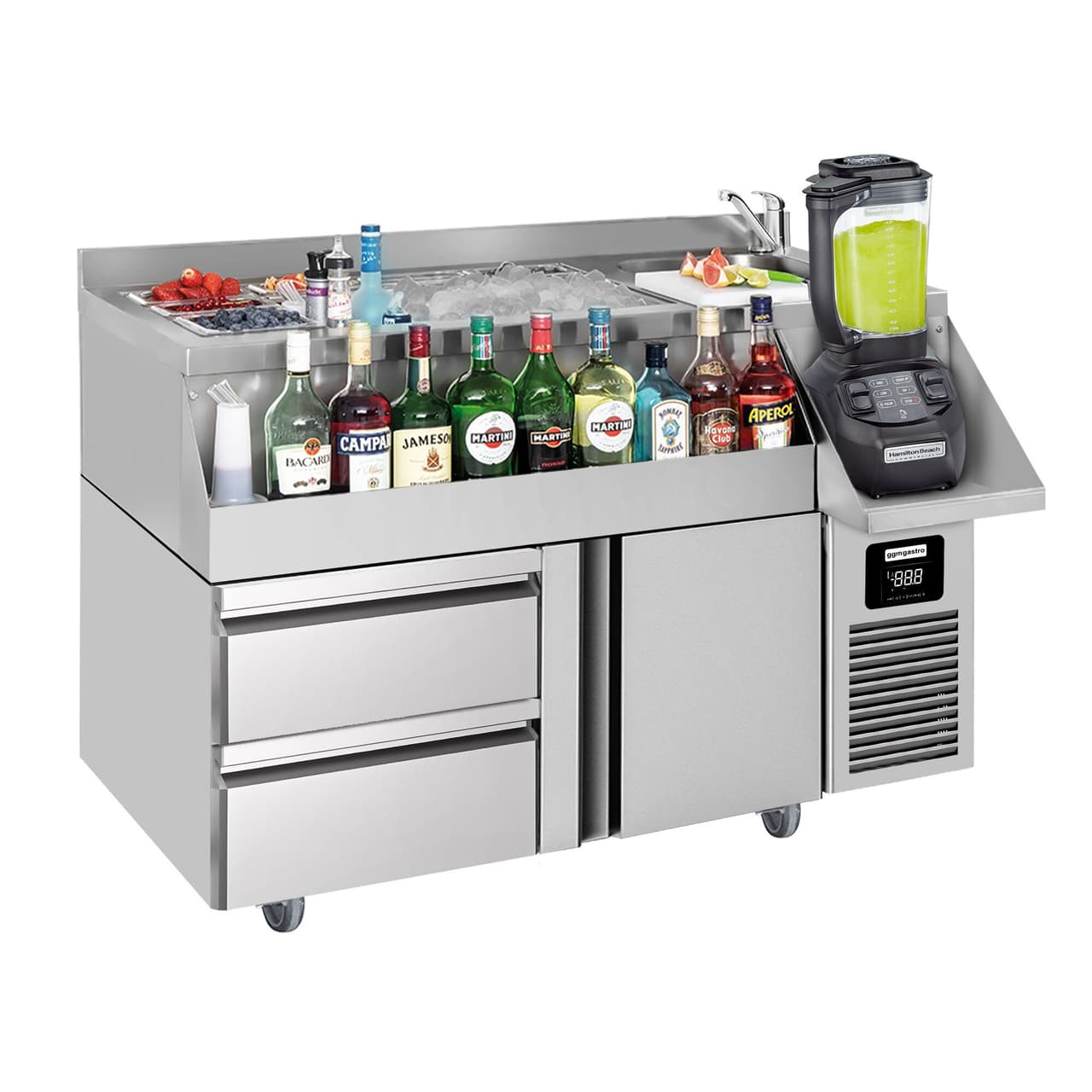 Bar & beverage cooling table - 1200x600mm - 150 litres - with 1 door, 1 drawer 1/2 & shelves