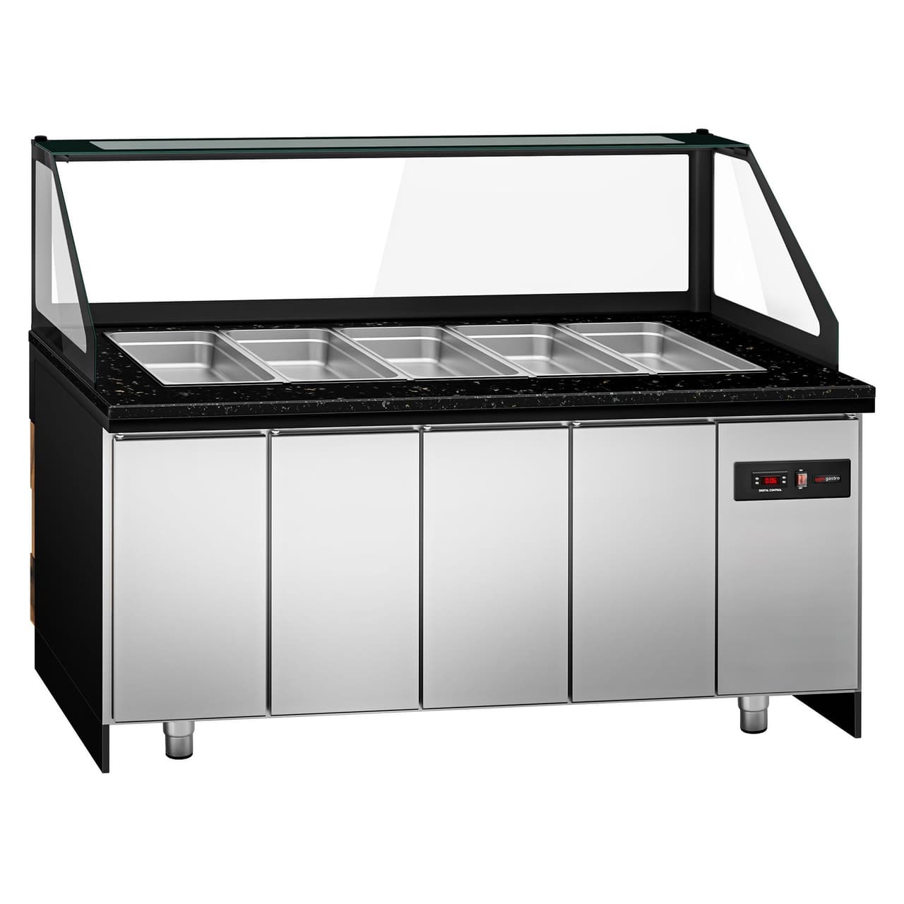 Saladette TORONTO - 2000mm - schwarze Front - 3 Türen - für 5x GN 1/1 - schwarze Granit-Arbeitsplatte