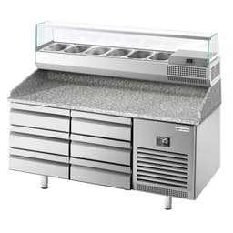 Pizza preparation table Premium PLUS - 1490x700mm - with 6 drawers - incl. refrigerated display case - 6x GN 1/4