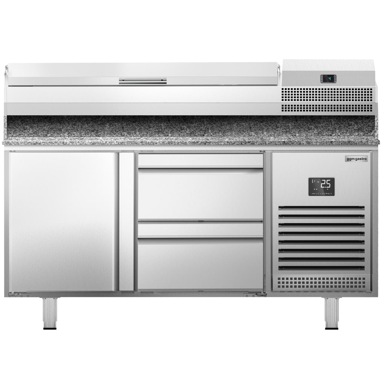 Pizza preparation table Premium PLUS - 1490x700mm - with 1 door & 2 drawers - incl. refrigerated display case - 6x GN 1/4