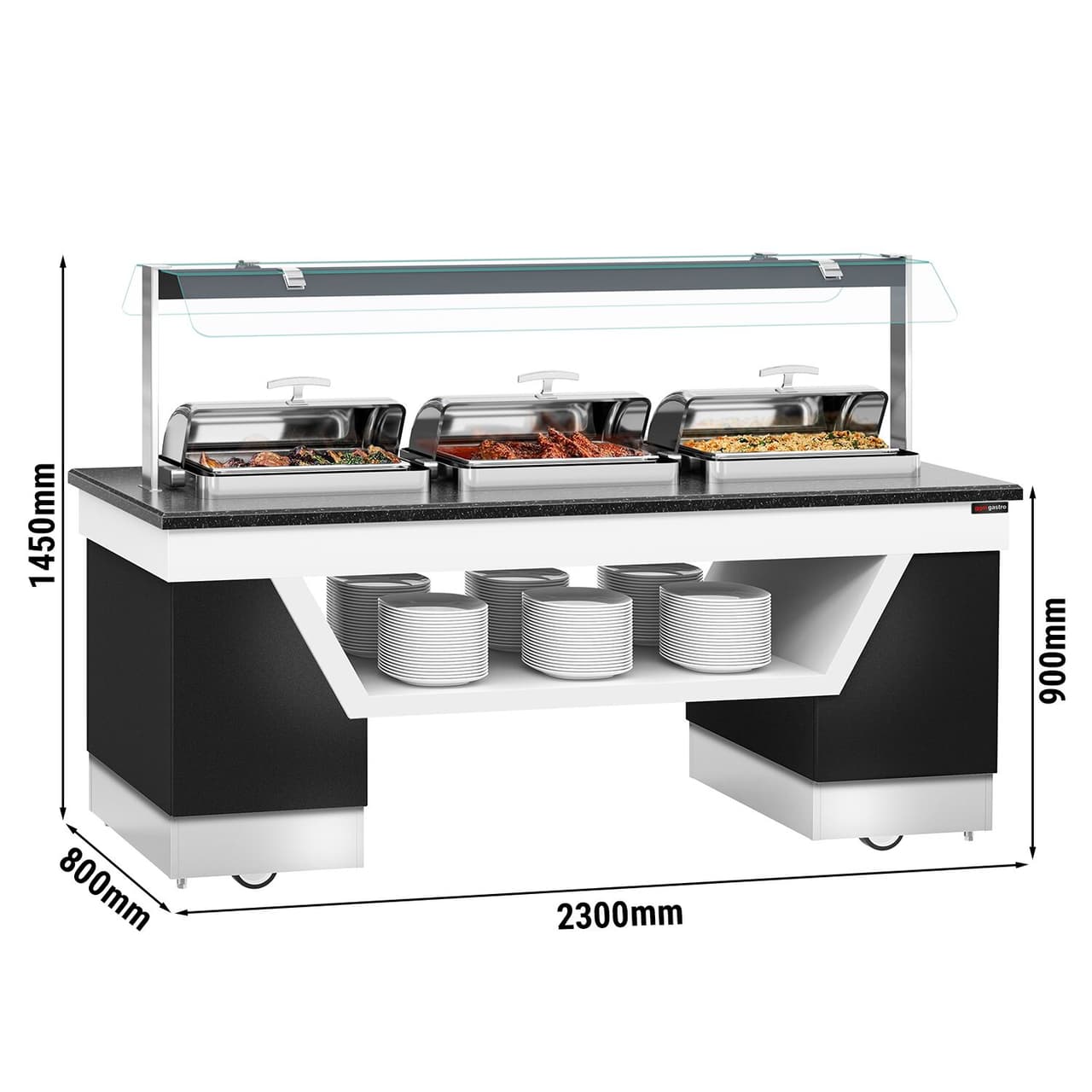 Buffettheke warm BELFAST - 2300mm - mit 3 Chafing Dishes & Rollen