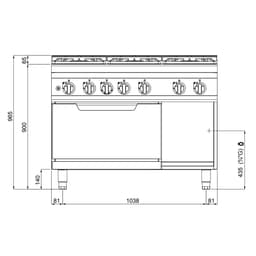 Plynový sporák 6 hořáků (53,5 kW) + plynová trouba (7,8 kW)