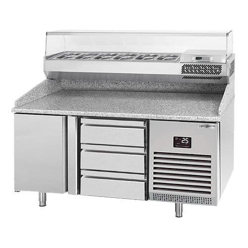 Pizza preparation table Premium PLUS - 1490x700mm - with 1 door & 3 drawers - incl. refrigerated display case - 6x GN 1/4