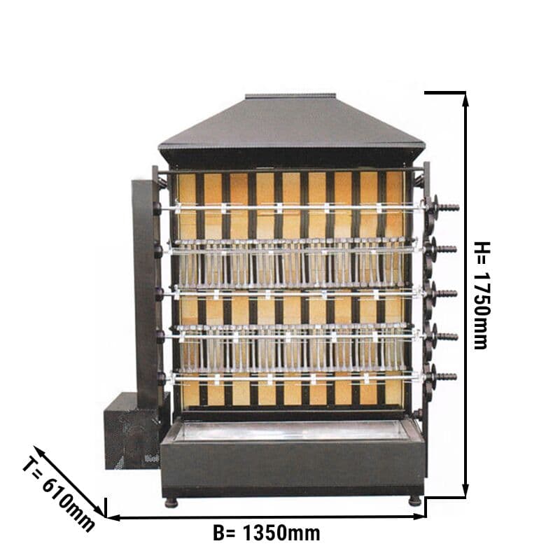 Gril na dřevěné uhlí s 5 rožni pro 25 kuřat - 1350 x 610 x 1750 mm