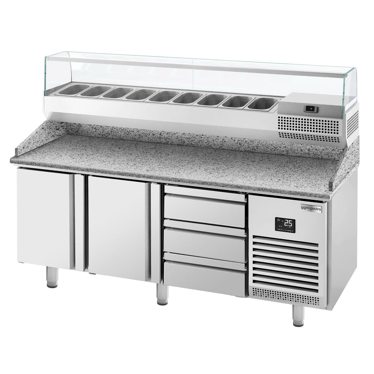 Pizza preparation table Premium PLUS - 1980x700mm - with 2 doors - incl. refrigerated display case - 9x GN 1/4