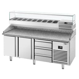 Pizza preparation table Premium PLUS - 1980x700mm - with 2 doors - incl. refrigerated display case - 9x GN 1/4