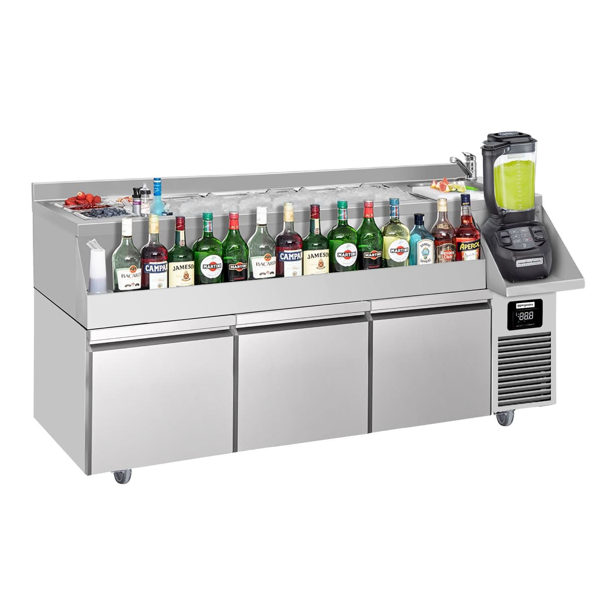 Bar/beverage cooling table - 1600x600mm- 235 Litres- with 3 drawers & shelves