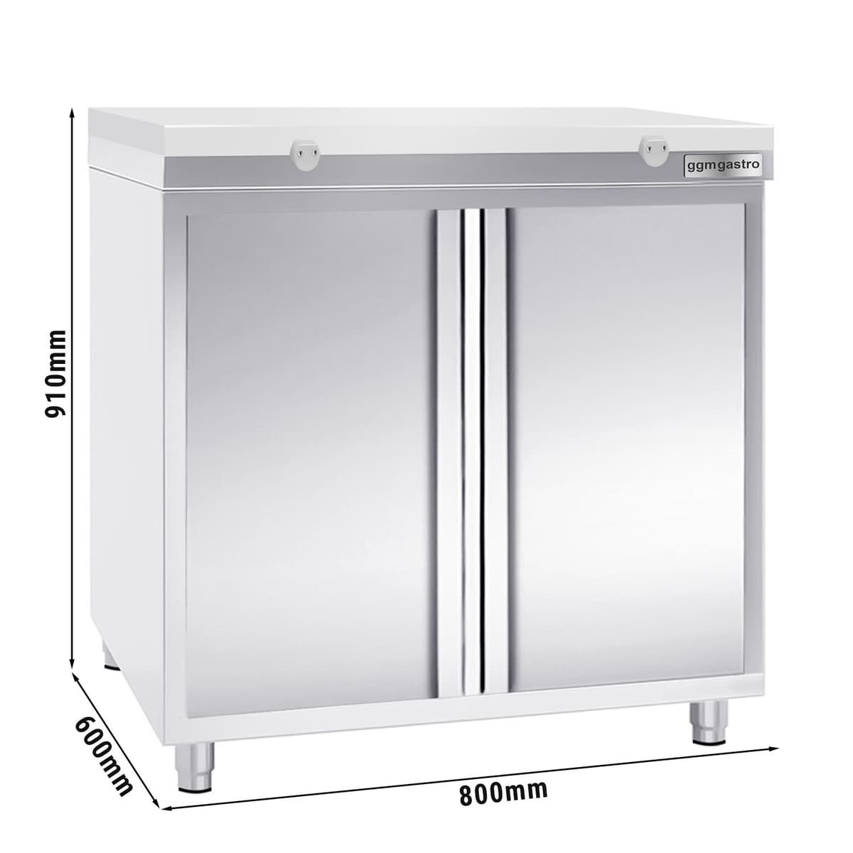 Stainless steel work cabinet PREMIUM - 800x600mm - with hinged door without backsplash incl. cutting plate