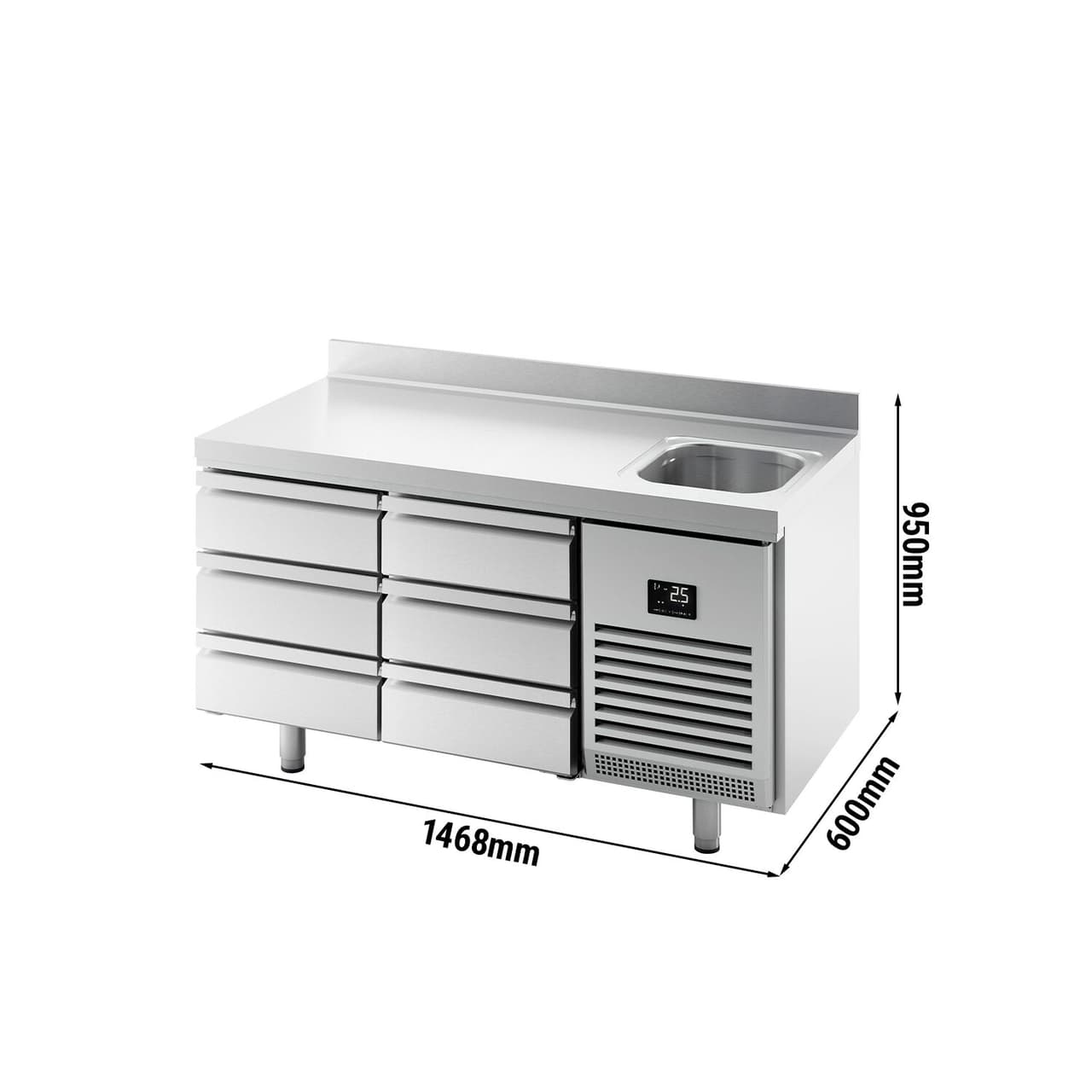 Refrigerated counter Premium PLUS - 1468x600mm - with 1 sink, 6 drawers & backsplash