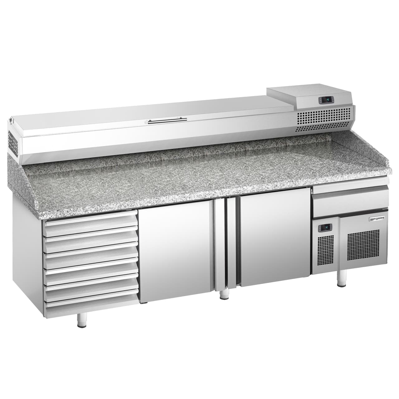 Pizza preparation table Premium PLUS- 2305x800mm- with 2 doors & 6 drawers - incl. refrigerated display case - 11x GN 1/4