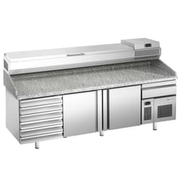 Pizza preparation table Premium PLUS- 2305x800mm- with 2 doors & 6 drawers - incl. refrigerated display case - 11x GN 1/4