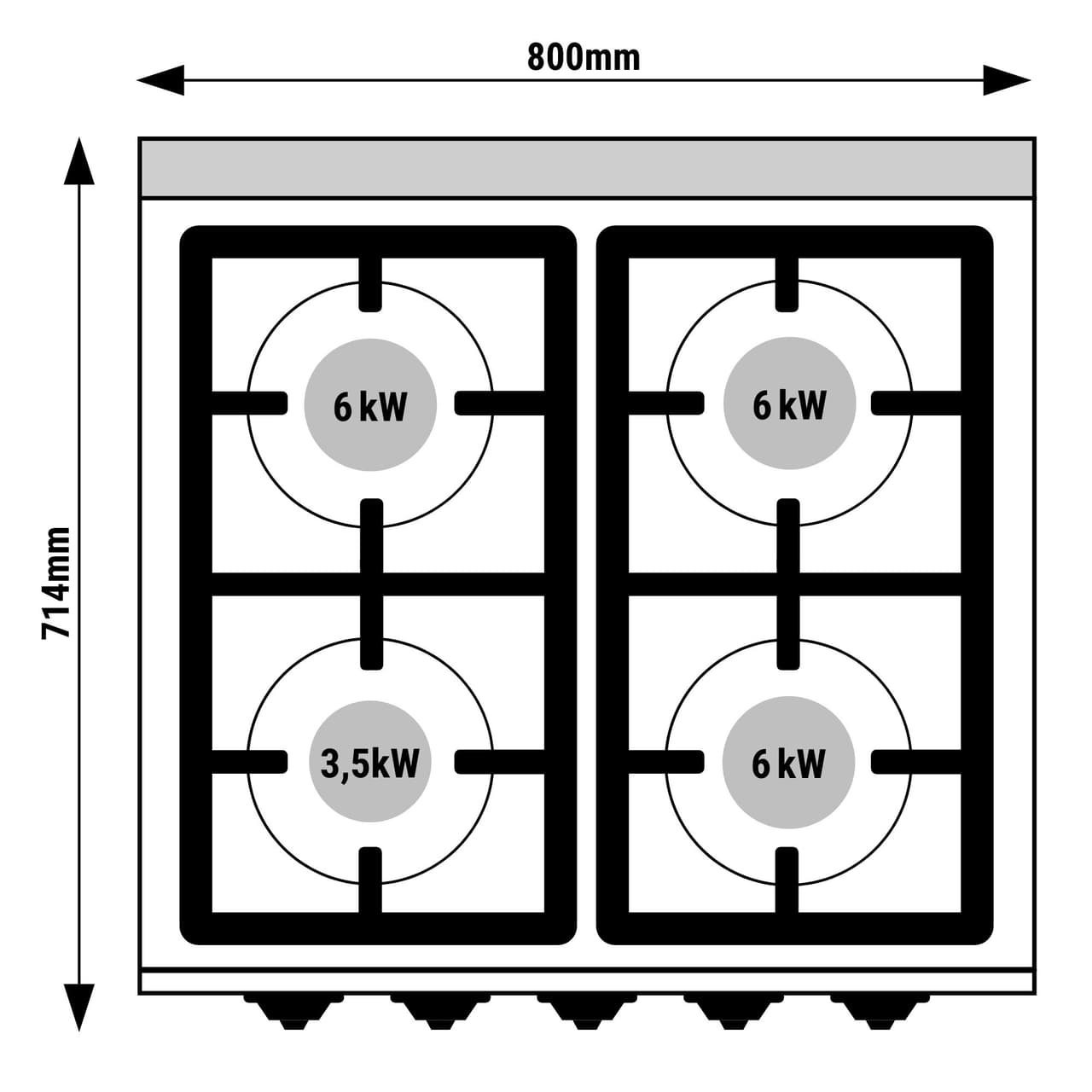 Plynový sporák 4 hořáky (21,5 kW) + plynová trouba (7,8 kW)