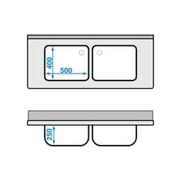 Mycí stůl se spodní policí - 1,4 m - 2 dřezy uprostřed - D 50 x Š 40 x H 25 cm