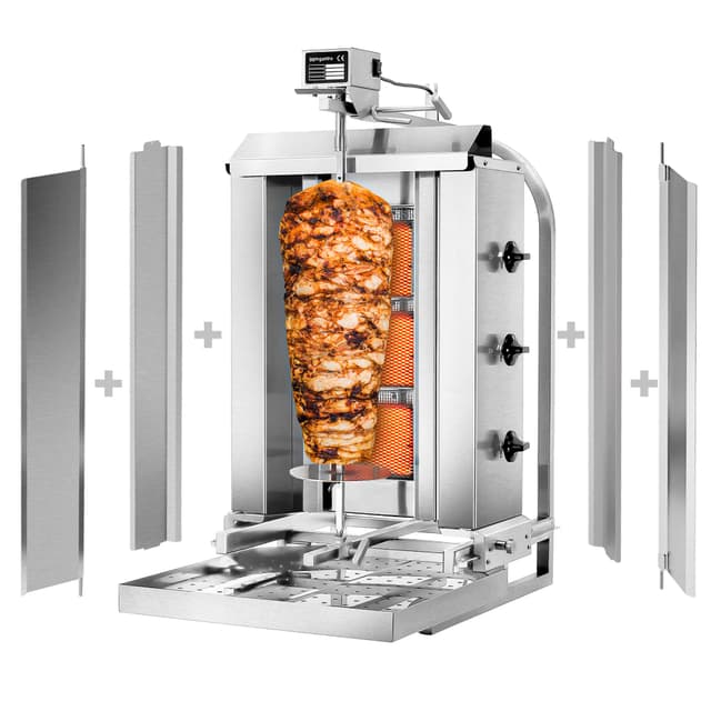 Gril na gyros/kebab - 3 hořáky (pohyblivé) - max. 40 kg - vč. ochranného plechu a křídlových dvířek