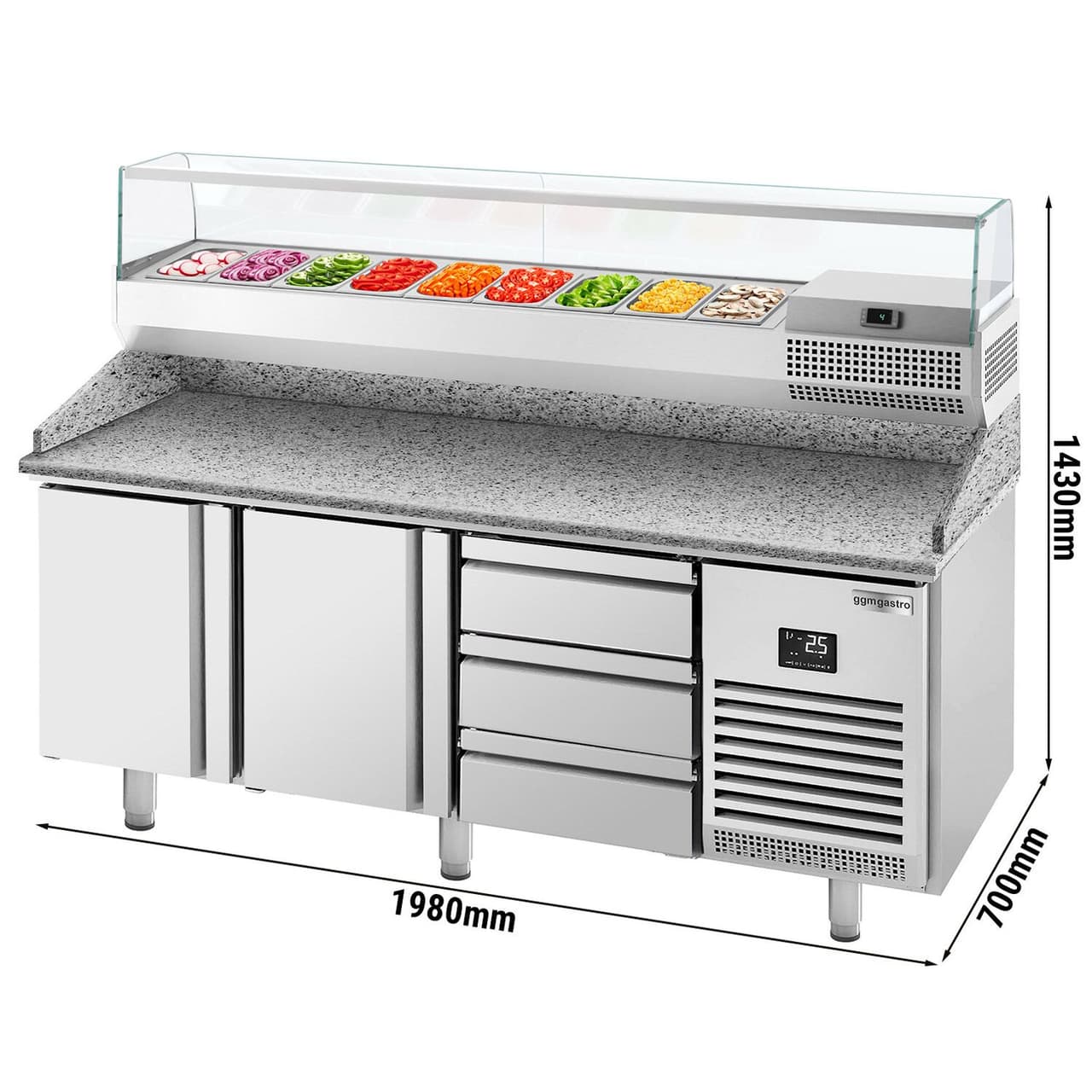 Pizza preparation table Premium PLUS - 1980x700mm - with 2 doors - incl. refrigerated display case - 9x GN 1/4