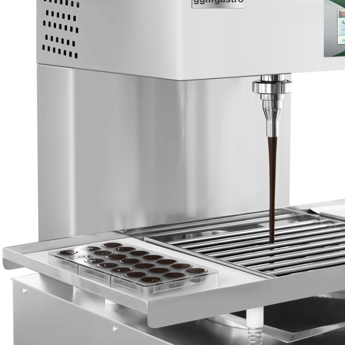 Chocolate tempering device with outlet tap - Chocotemper - incl. shelf with glazing zone