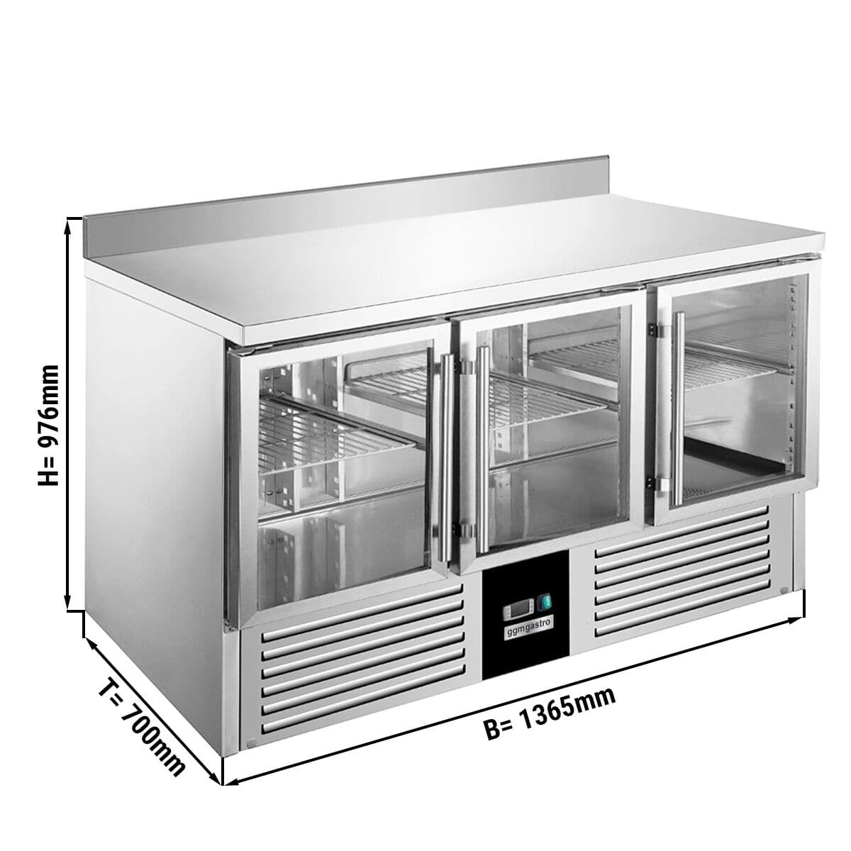 PREMIUM refrigerated counter - 1370x700mm - with 3 glass doors & with upstand