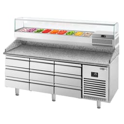 Pizza preparation table Premium PLUS - 1980x700mm - with 9 drawers - incl. refrigerated display case - 9x GN 1/4