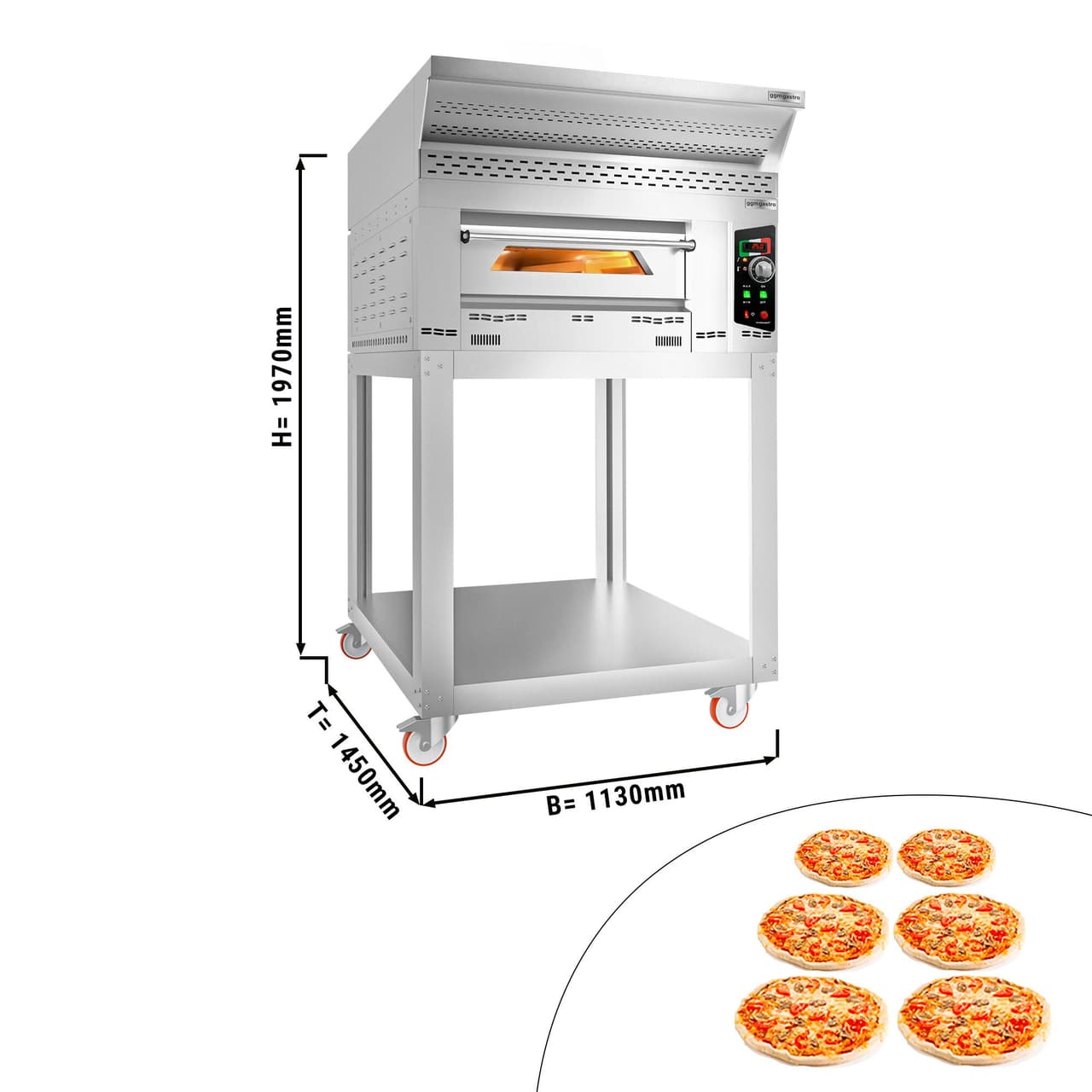 Plynová pec na pizzu - 6x 34 cm - vč. digestoře, podstavce & setu koleček